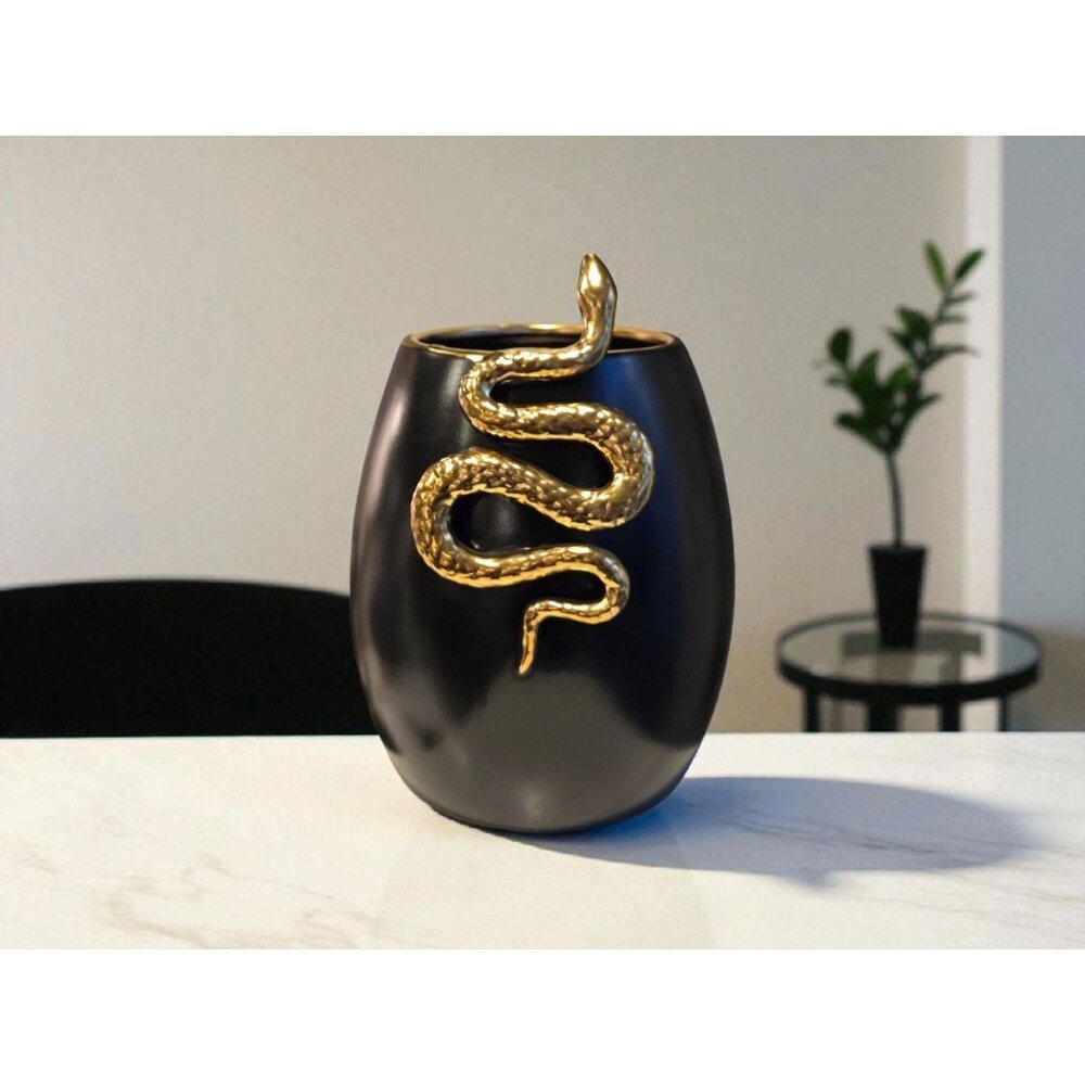 New Modern Black Ceramic Vase W/ Gold Snake Design Planter Home Decor Accent